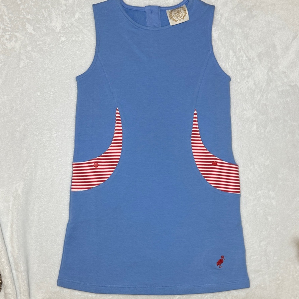 NWOT The Beaufort Bonnet Co. Blue Sleeveless Dress with Red Striped Pockets 6